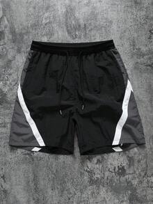 Manfinity EMRG Men's Drawstring Waist Color Block Casual Versatile Daily Wear Shorts - Black - View 2