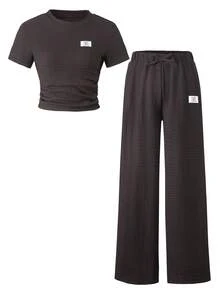 少女圆领短袖休闲夏季日常百搭T恤套装 - 棕色 - 查看 3