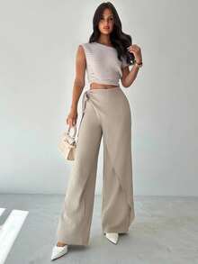 SHEIN Tall CURVE CURVE 大尺碼女款高個子卡其色夏季休閒寬腿長褲，綁帶高腰優雅長褲，適合度假、儀式與派對穿著 - 杏色 - 查看 3