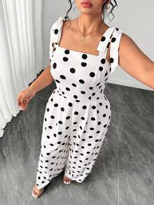 Elenzga Plus Size Women's Elegant Polka Dot Print Tie-Front Jumpsuit, Summer - Black and White - View 8