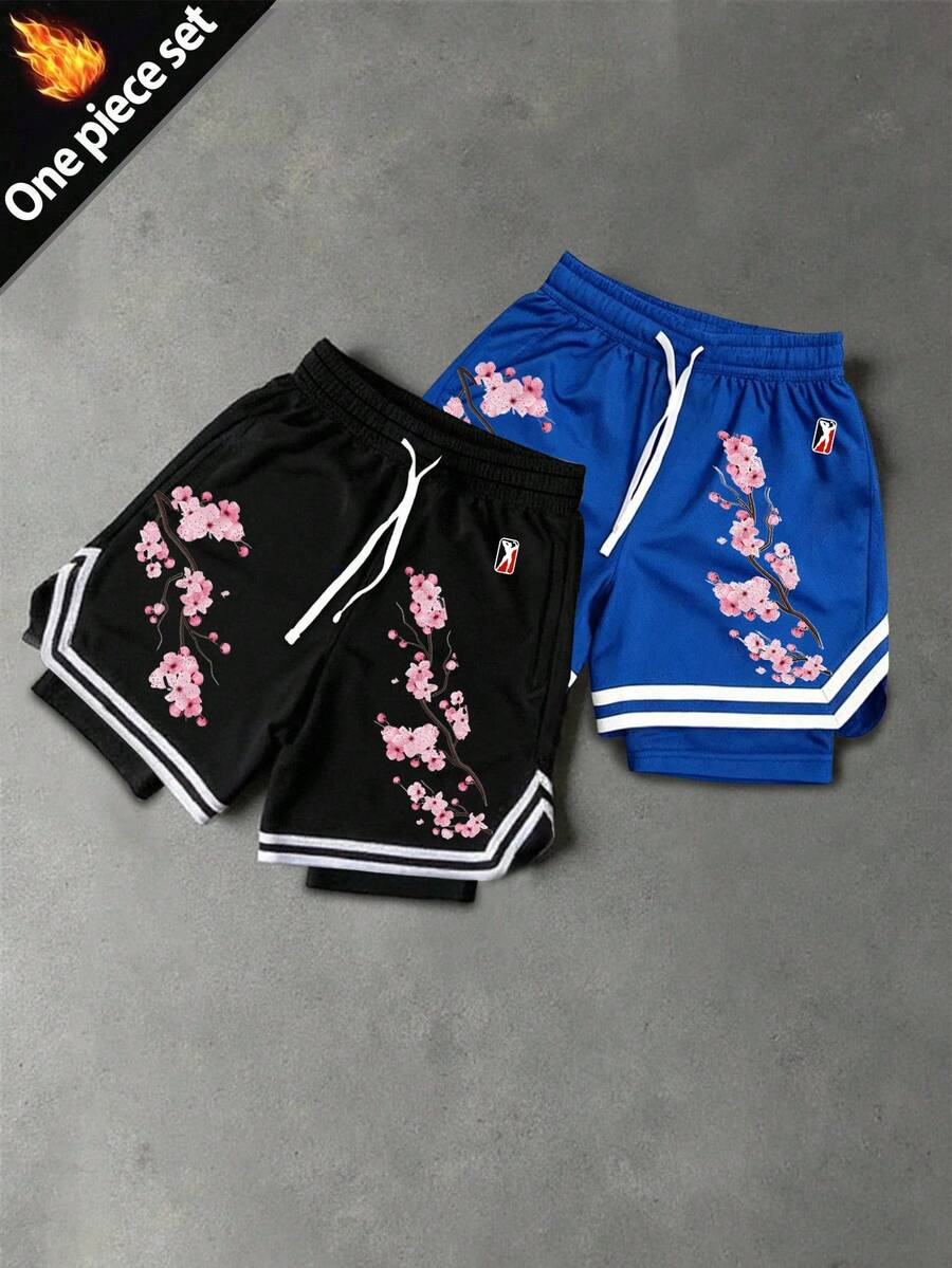 Sport MetroGents 男士 1件花卉印花抽繩腰身休閒百搭日常 & 運動短褲，健身房 - 黑色 - 查看 1
