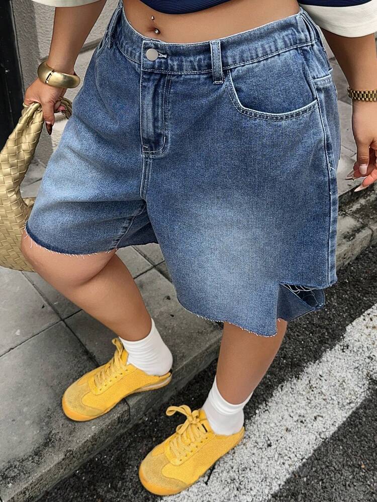 Dazy Plus Plus Size Women's Casual Loose Ripped Wide Leg Jeans Shorts, Western Cowgirl Style, Suitable For Spring/Summer Vacation