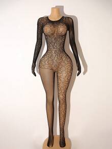 Bare Chapter 女士性感连体睡衣，黑色蛇纹图案，诱人网纱露背设计 - 黑色 - 查看 3