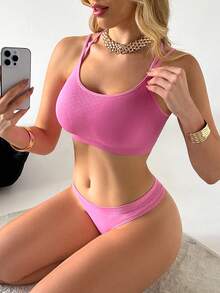 SuitURBody 女士时尚无缝吊带背心套装，交叉露背设计，舒适裸感，性感打底衫 - 粉色 - 查看 6