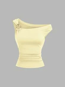 Sweetra 2pcs/Set Kaos Pas Badan dengan Kerah Asimetris, Atasan Kasual Serbaguna, Musim Semi/Panas - MultiWarna - View 4