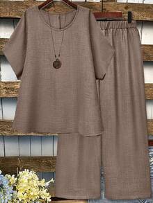 Linhara Plus Size Women Solid Color Round Neck Top And Wide Leg Pants Casual 2 Pieces Set Brown Linen Set 2 Pieces Set Linen Outfits For Women - Camel - View 1