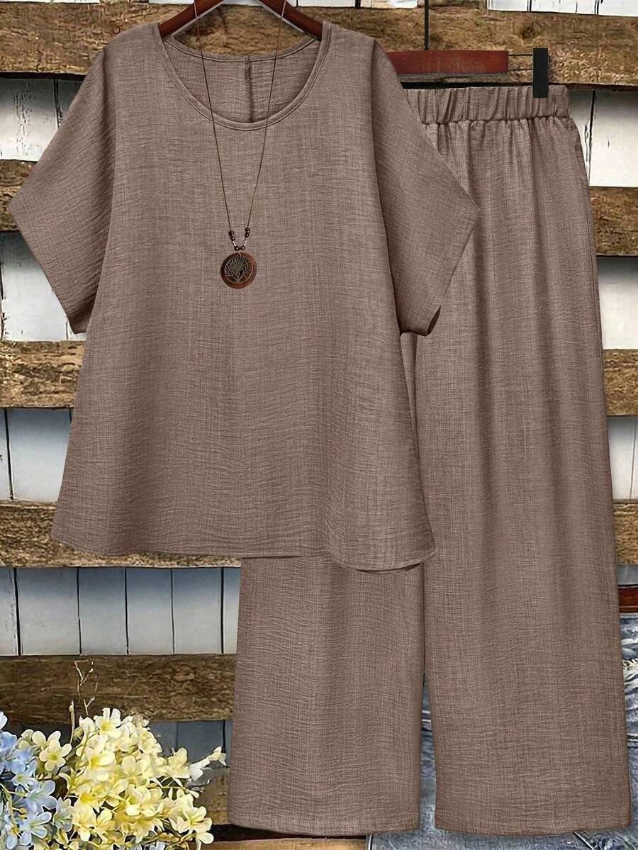 Linhara Plus Size Women Solid Color Round Neck Top And Wide Leg Pants Casual 2 Pieces Set Brown Linen Set 2 Pieces Set Linen Outfits For Women - Camel - View 1