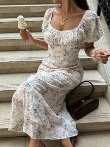 SHEIN PariChic Women's Long Square Neck Petal Sleeve Embroidered Woven Dress - Multicolor - View 6