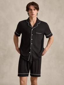 EverLounge Conjunto de pijama / pijama para hombres con ribete de contraste - Negro - Ver 4