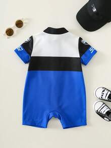 SHEIN Bộ áo liền quần tay ngắn in chữ, kiểu dáng thường ngày cho bé trai, trang phục thể thao, thích hợp cho mùa xuân/hè. - Xanh đậm - Xem 2