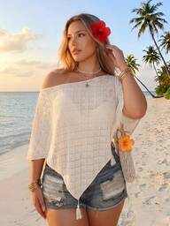 SHEIN ICON Women's Plus Size Spring/Summer Retro Sexy Fashion Individual Millennial Style Y2K Simple Casual Urban Modern Beach Vacation Knit Textured Fabric Off-White Loose Off-Shoulder Shawl Top