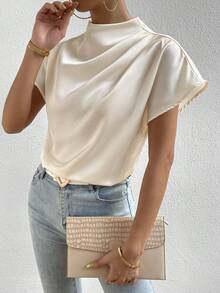 Islaluna Blusa de cuello alto de manga murciélago de satén - Albaricoque - Ver 5