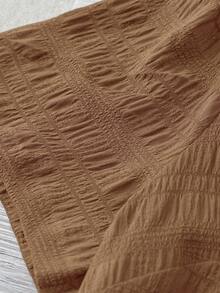 Linhara 大码女式纯色纹理V领短袖休闲常规衬衫，适合外出、度假、夜店等场合 - 棕色 - 查看 4