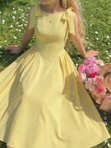 SHEIN 少女纯黄色蝴蝶结腰身连衣裙，休闲优雅时尚百搭，适合日常穿着、典礼、派对等场合，新款女童连衣裙 - 黃色 - 查看 7