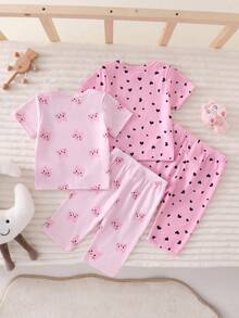 4件套新生儿家居服套装，可爱爱心/小猫印花睡衣，圆领短袖两件套，休闲穿着，适合日常外出，四季皆宜 - 粉色 - 查看 2