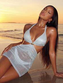 Bellisia Women's New Arrival Spring/Summer Sexy Beach Cover-Up Sexy Dress For Party Bikini Cover Dress - Silver - View 1