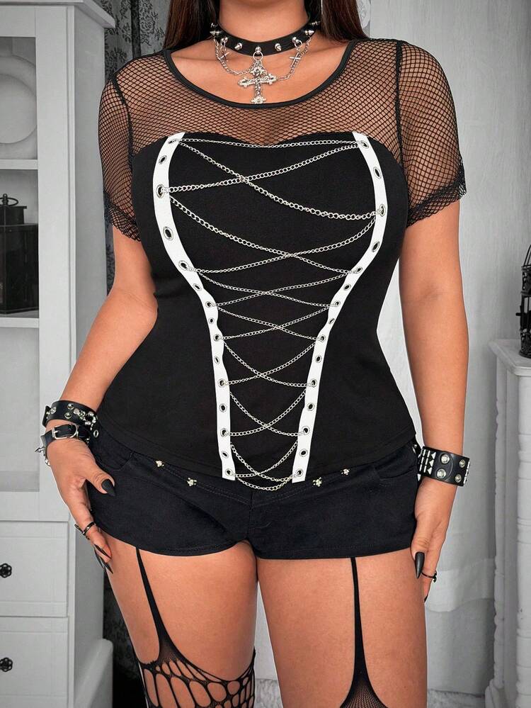 SHEIN Whyspr Plus Size Dark Goth Style Mesh Patchwork Chain Tie Fitted T-Shirt - Black - View 3