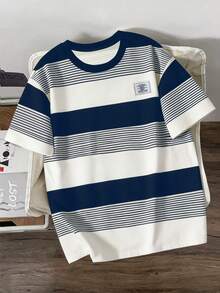 Manfinity Joysei Camiseta casual de cuello redondo de manga corta holgada con rayas para hombre - Azul Marino - Ver 1