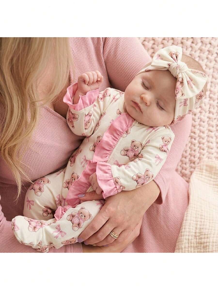 SHEIN Newborn Baby  Cute Knitted Cartoon Bear Pattern Romper With Headband Set - White - View 1