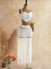 Soleia 女士不对称下摆吊带针织上衣和流苏下摆针织迷你裙两件套，度假装 - 杏色 - 查看 6