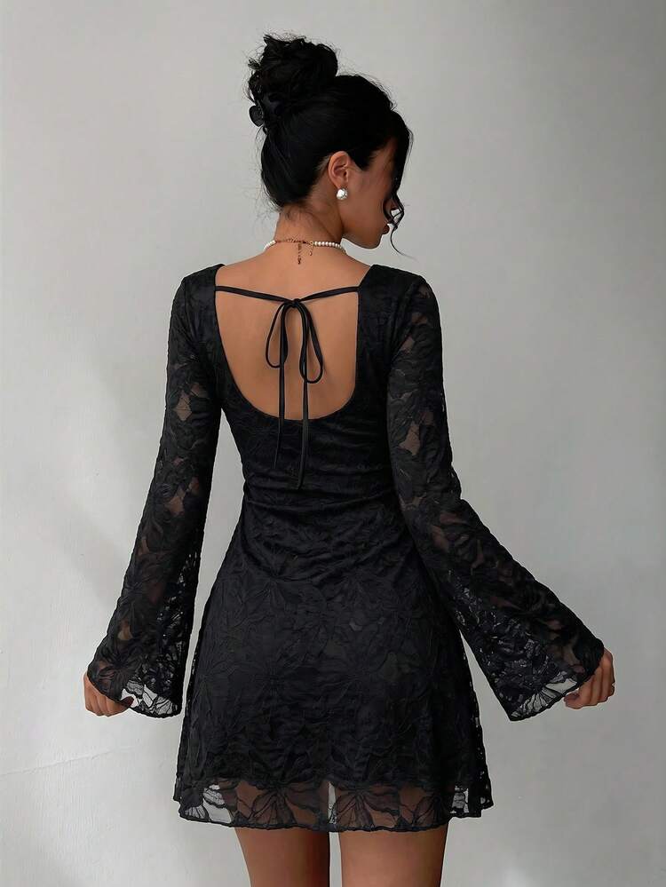 Aloruh Vestido mini de manga larga con encaje color crema - Negro - Añade 8
