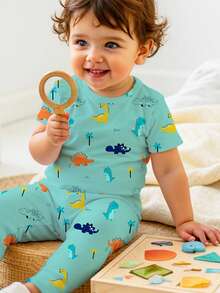 Bubblio Baby Boy Casual Dinosaur Cartoon Print Green Minimalist Snug Fit Round Neck Comfortable Short Sleeve Top And Pants Pajamas Set, Suitable For Spring/Summer - Multicolor - View 3