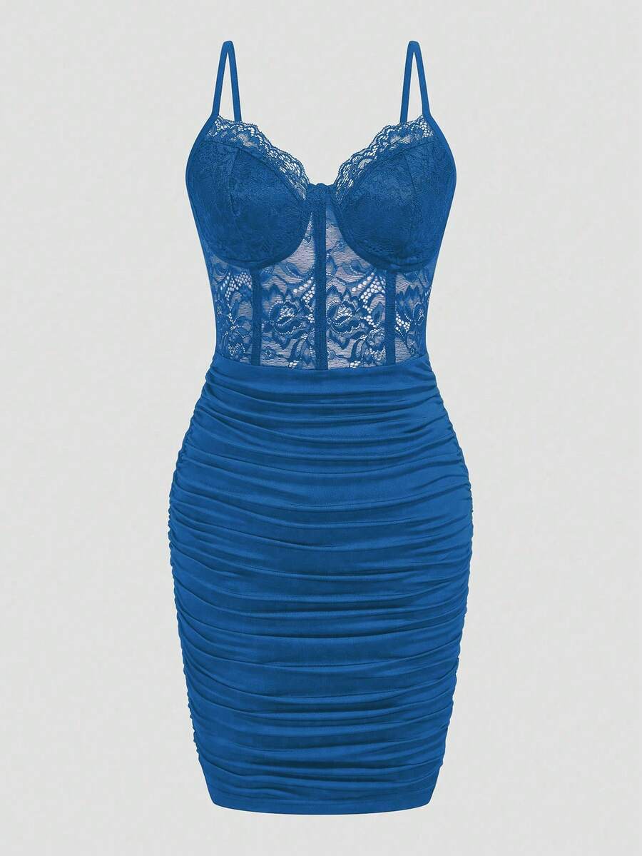 EMERY ROSE Elegant Sexy Lace Ruched Slip Dress For Women Night Out Royal Blue Summer - Royal Blue - View 1
