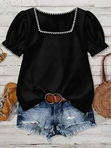 SHEIN VCAY Casual Minimalist Style White Shell Embroidered Decor Casual Square Collar Blouse, Suitable For Spring/Summer Vacation - Multicolor - View 4