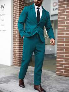 Manfinity Mode Men Plus Size Solid Color Notched Collar Single-Breasted Blazer And Pants Casual Formal Suit Set, Ceremony - Teal Blue - View 4