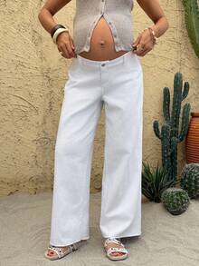 SHEIN Jeans de maternidad de unicolor versátil y de cintura baja, ideales para el verano, carnaval, ir al trabajo, vacaciones, graduación, estilo Y2K lindo, fiesta, boda, elegante, negocios casuales, playa, graduación. Jeans clásicos de pierna ancha blancos de mujer, de ajuste holgado, de verano - Blanco - Ver 7