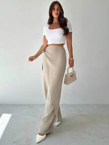 SHEIN Tall CURVE CURVE 大尺碼女款高個子卡其色夏季休閒寬腿長褲，綁帶高腰優雅長褲，適合度假、儀式與派對穿著 - 杏色 - 查看 10