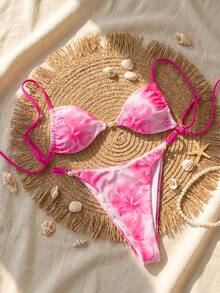 Bộ bikini mùa hè dành cho nữ, họa tiết hoa, kẻ caro xanh dương, phối màu tương phản ở ngực và eo, điểm nhấn là ngọc trai. - Nhiều màu - Xem 4