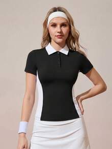 CourtClass CourtClass Women's Contrast Color Polo Collar Short Sleeve Golf Polo Shirt - Black and White - View 3