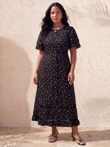 ELLERISSA Curve Elegant Lace Insert Midi Dresses For Women, Black Floral Print Button Down A Line Dress, Casual Summer Wear, Work Dress, Plus Size Dresses For Women, Office Outfits, Everyday Wear, Floral Midi Dress, Lace Trim Dress, Vacation Outfits, Lace Trim Dress - Black - View 1