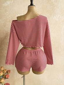 Soleia Women's Striped Asymmetrical Shoulder Long Sleeve Cropped T-Shirt And Shorts 2-Piece Set - Red - View 2