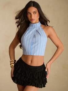 Glamine Women's Blue White Striped Halter Backless Tie Crop Top, Summer Golf Sexy - Blue and White - View 2