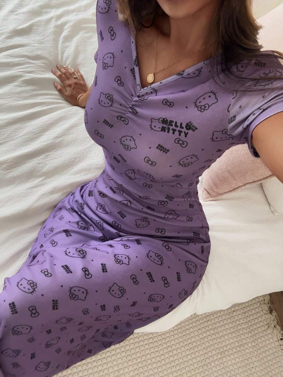 HELLO KITTY | DAZY 卡通圖案收腰長款女式睡裙,夏季睡衣 - 紫色 - 查看 1