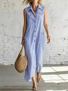 Women's Woven Striped Elegant And Simple Summer Long Dress - Blue - View 1