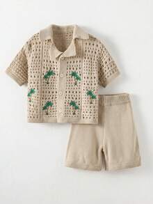 2pcs Young Boys Casual Vacation Palm Tree Crochet Texture Polo Collar Cardigan And Shorts Set, Comfortable And Versatile - Khaki - View 5