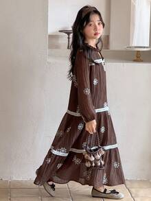 Dazy Kids Gaun Tanpa Lengan Motif Bunga Kecil untuk Anak Perempuan Remaja, Liburan Musim Panas - Coklat - View 5