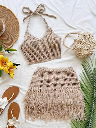 Soleia Women's Casual Vacation Apricot V-Neck Crochet Bow Tie Halter Knit Vest + Tassel Fitted Knit Skirt 2-Piece Set, Suitable For Beach, Cruise, City Vacation, Bohemian, Summer