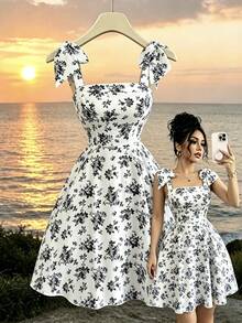 Elenzga Cute White Floral Summer Date Dress, New Ditsy Floral Shoulder Tie Cinched Waist A-Line Dress, Elegant Casual Vacation Flattering Silhouette Tea Party - Black and White - View 3