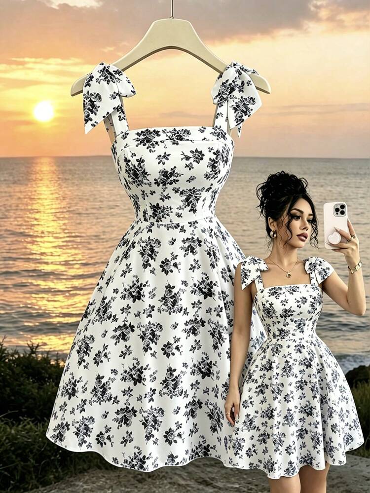 New Ditsy Floral Shoulder Tie Cinched Waist A-Line Dress, Elegant