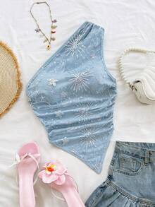 Soleia Top da donna taglie forti estivo azzurro chiaro stile Fairy-Core da rave con paillettes e scollo asimmetrico, boho chic per festa tropicale, spiaggia, ospite di matrimonio, laurea e brunch - Blu - Visualizzare 2