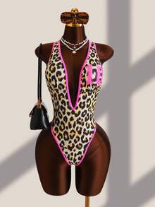 SHEIN Swim SXY Áo tắm liền thân gợi cảm họa tiết da báo, cổ chữ V khoét sâu, hở lưng. - Nhiều màu - Xem 4