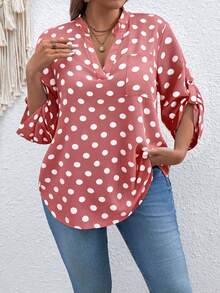 SHEIN Áo kiểu dáng cỡ lớn, cổ chữ V, tay dài, chấm bi, phong cách retro. - Bụi hồng - Xem 1