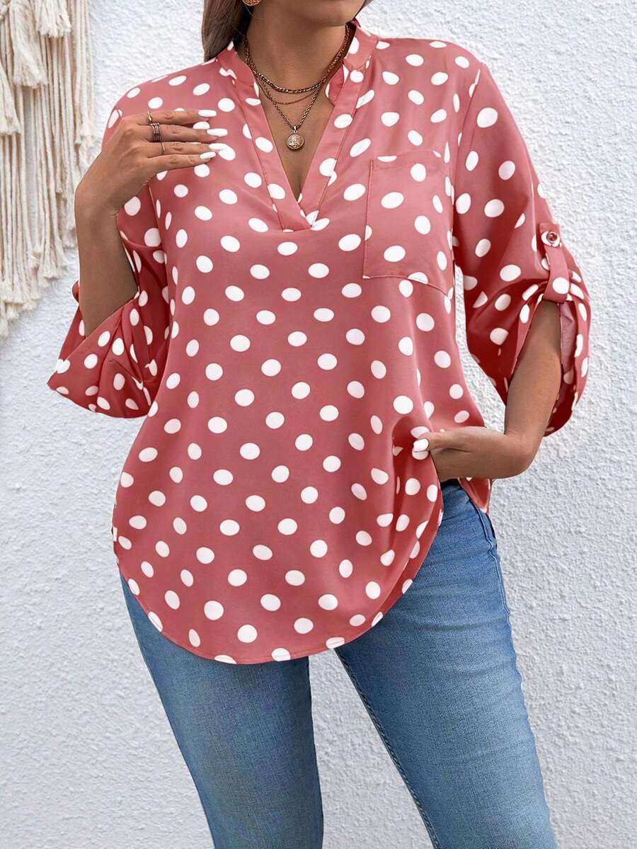 SHEIN Áo kiểu dáng cỡ lớn, cổ chữ V, tay dài, chấm bi, phong cách retro. - Bụi hồng - Xem 1