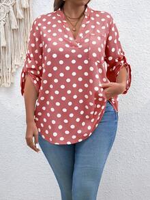 SHEIN Áo kiểu dáng cỡ lớn, cổ chữ V, tay dài, chấm bi, phong cách retro. - Bụi hồng - Xem 3