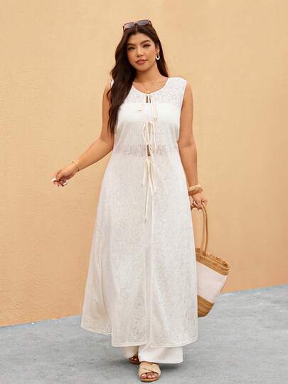 Elaquor Plus Size 2 Pieces Set: Sleeveless Long Lace Cardigan & Wide Leg Pants, Elegant Business Suit Outfit For Wedding, Mother's Day