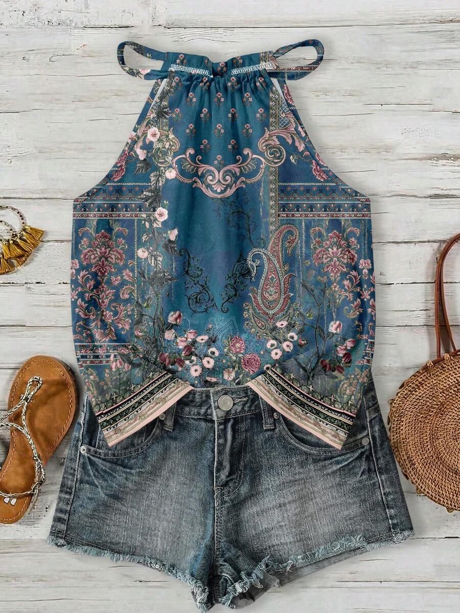 SHEIN LUNE Tank Top Wanita Model Halter Neck dengan Motif Bunga Cashew, Gaya Minimalis Kasual, Penempatan Geometris, Cocok untuk Musim Semi dan Musim Panas, Atasan Musim Panas - MultiWarna - View 1